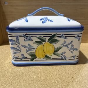 VTG Seattle Insprado Stonelite Lemon Bread Box Blue White Ceramic French Country